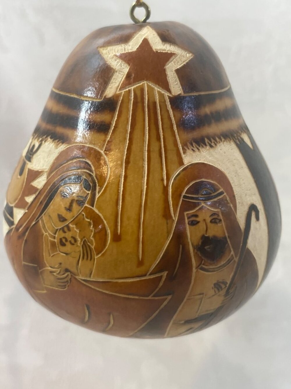 Gourd Burned Carved Mary Joseph Baby Jesus Angel 3” Unique